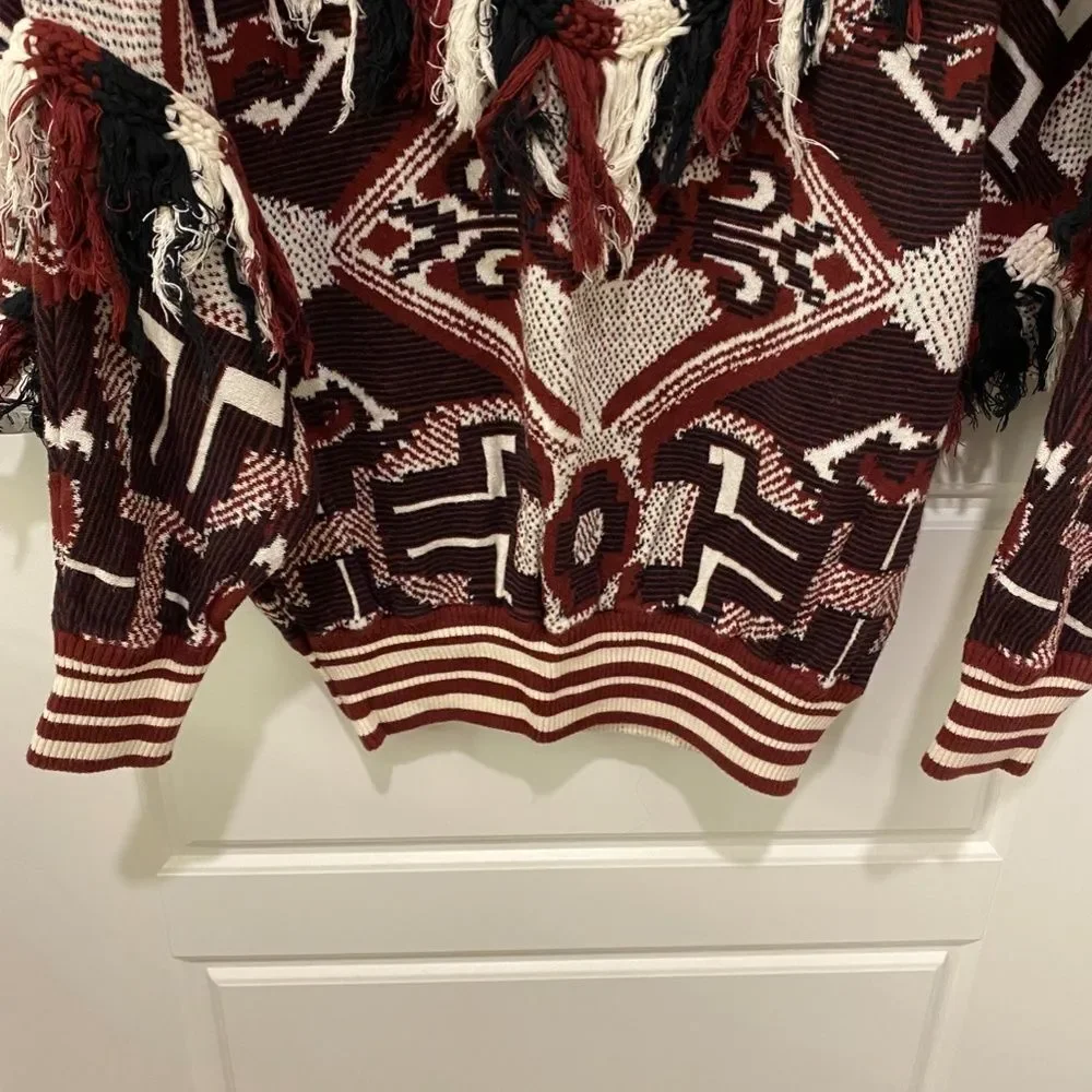 Zara Trafaluc Maroon Cream Aztec Tribal Intarsia Fringe Tassel Sweater Large